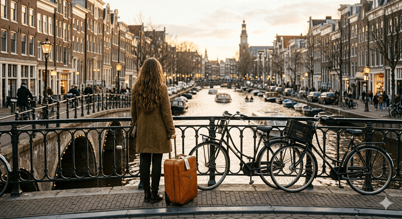 Person arriving in Amsterdam with a suitcase, standing on a canal bridge at sunset